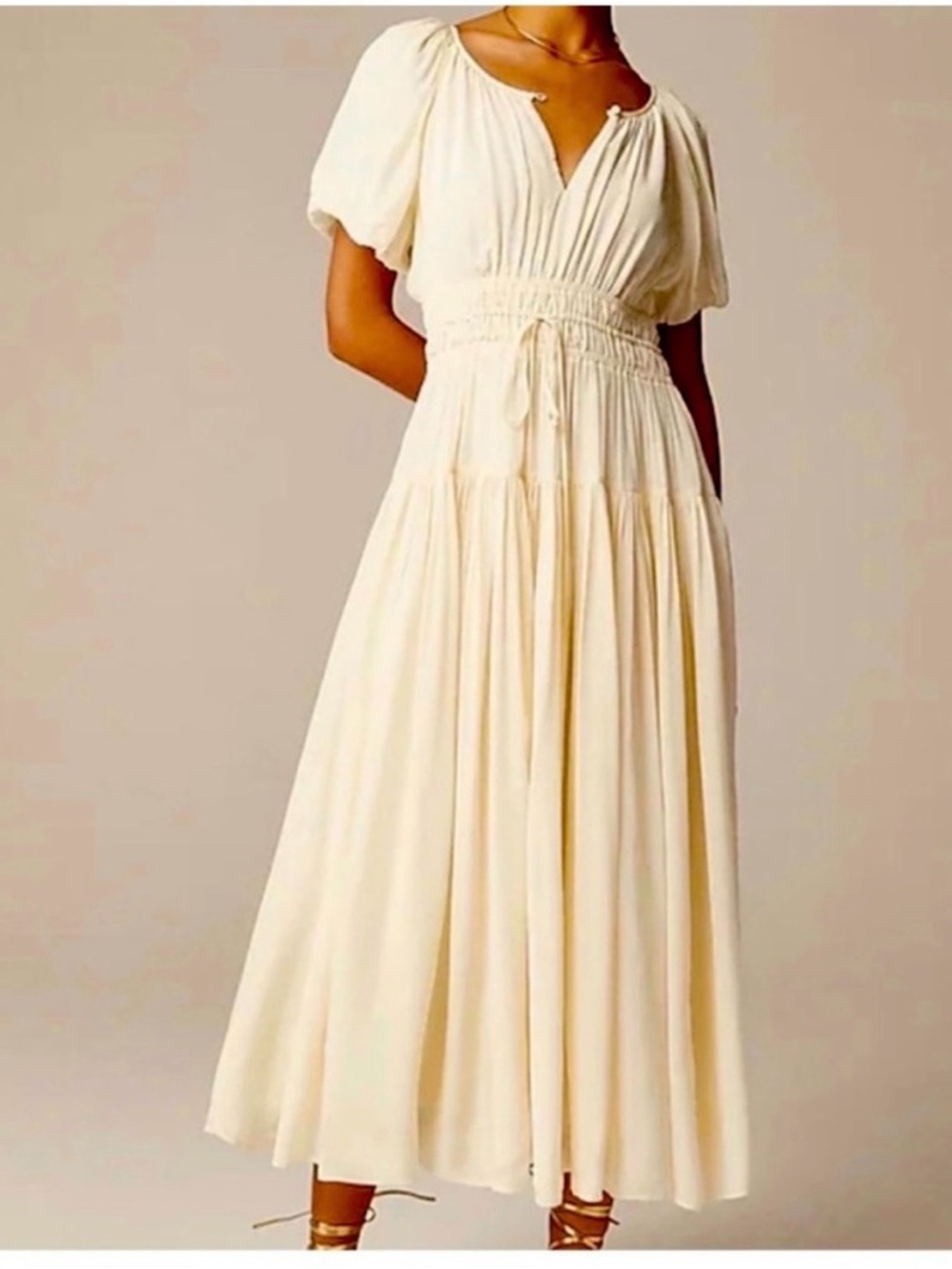 J Crew Elena dressElegant Cream Maxi Dress with Smocked Waist